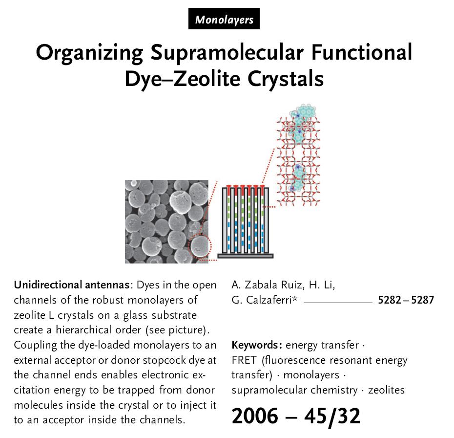Organizing supramolecular functional dye-zeolite crystals
	Arantzazu Zabala Ruiz, Huanrong Li, Gion Calzaferri
	Angew. Chem. Int Ed. 2006, 45, 5282-5287.  